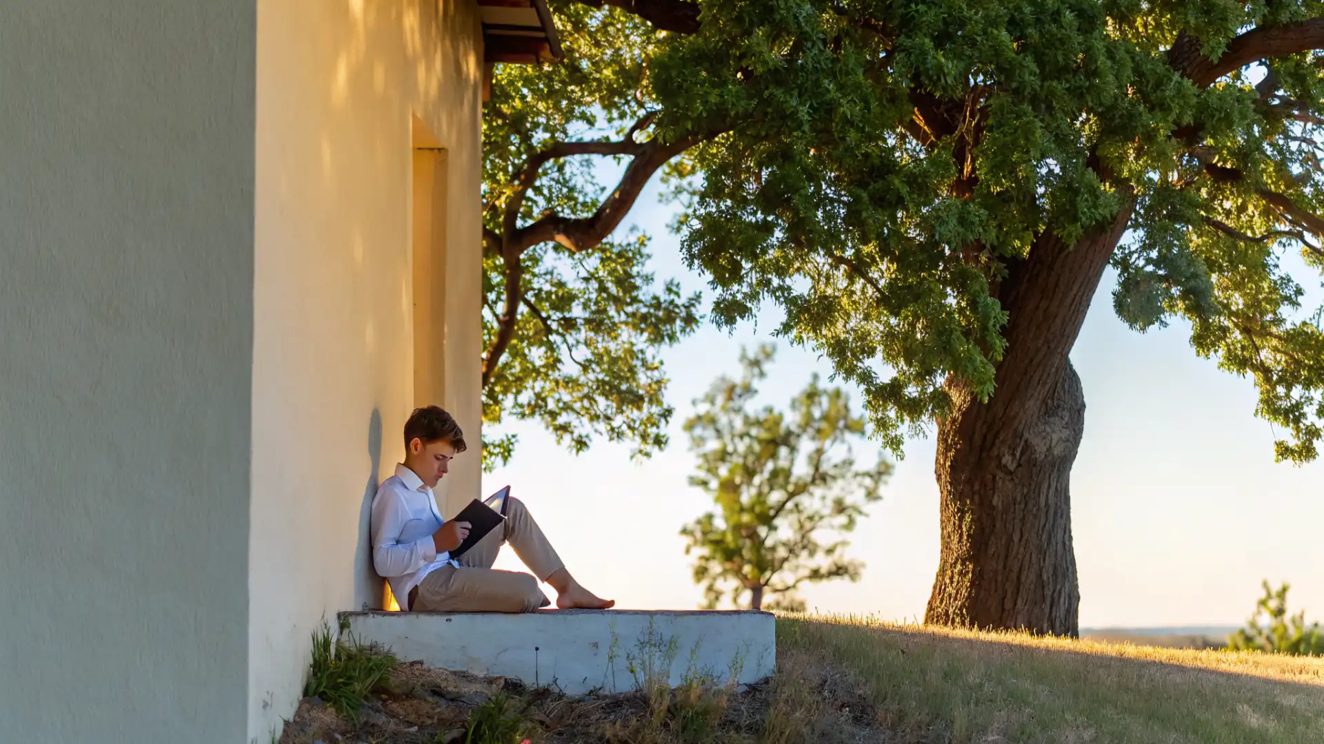 Student reading a book outdoors on a summer day surrounded by nature