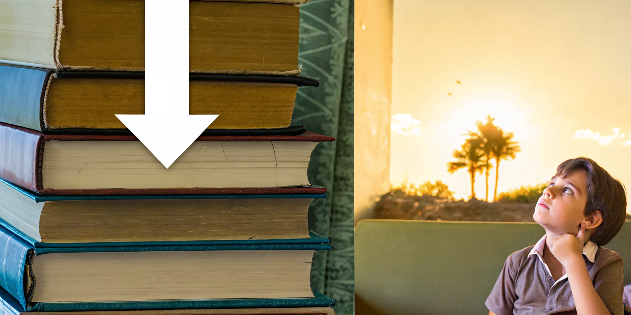 Educational illustration showing a stack of books and summer learning loss concept with warm colors